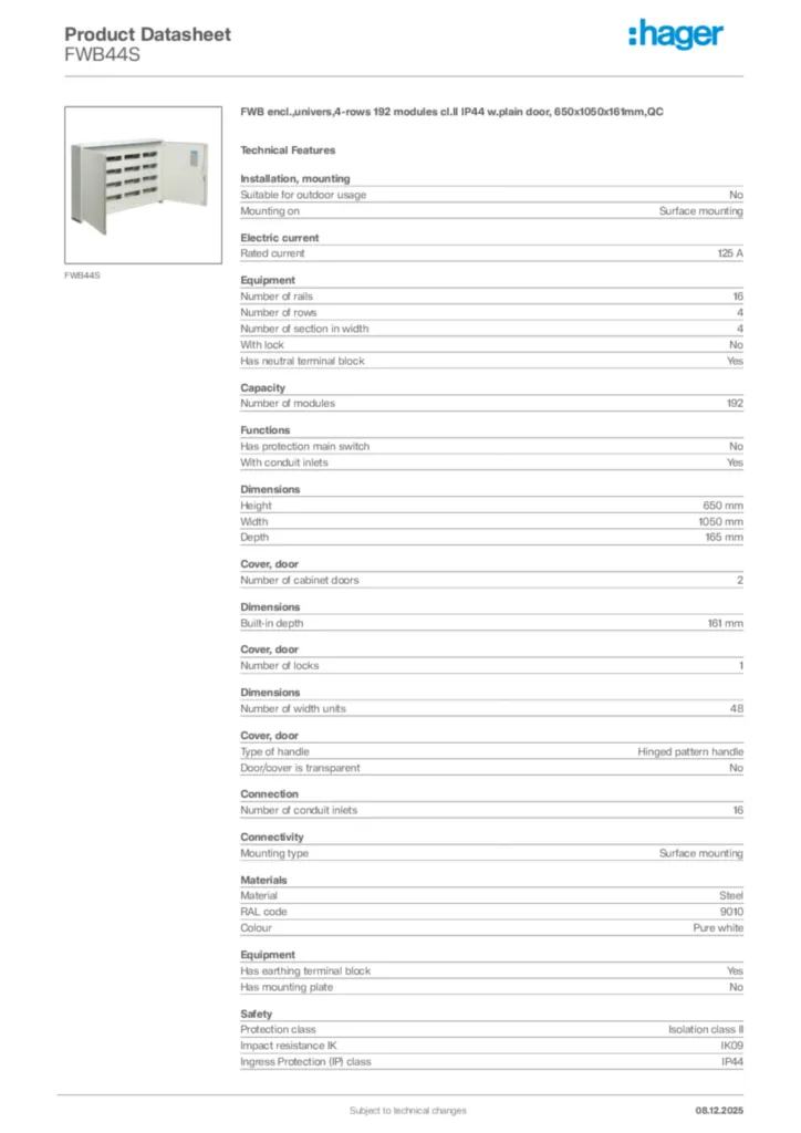 Image Hager Product data sheet FWB44S  | Hager Africa