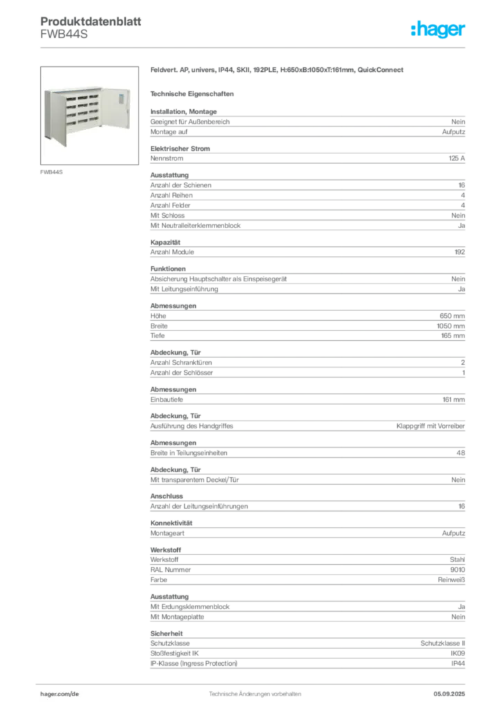 Bild Hager Produktdatenblatt FWB44S | Hager Deutschland