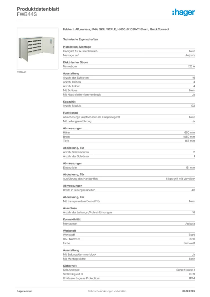 Bild Hager Produktdatenblatt FWB44S | Hager Deutschland