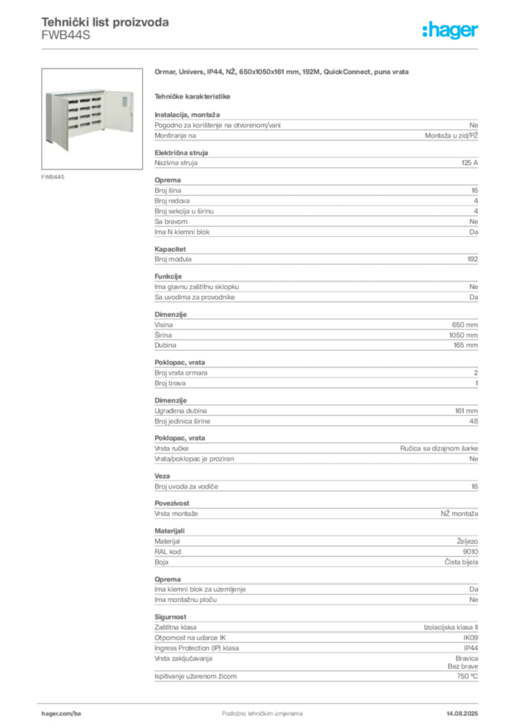 Slika Hager Product data sheet FWB44S  | Hager