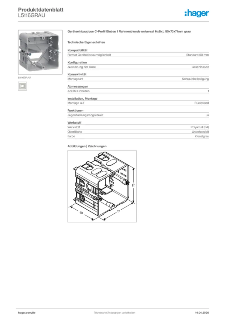 Bild Hager Produktdatenblatt L5116GRAU | Hager Deutschland