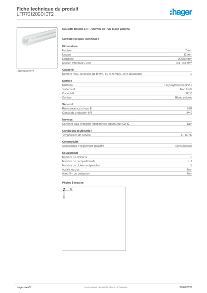 Image Hager Fiche technique du produit LFR701209010T2 | Hager France