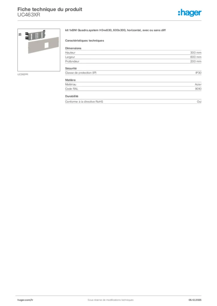 Image Hager Fiche technique du produit UC463XR | Hager France