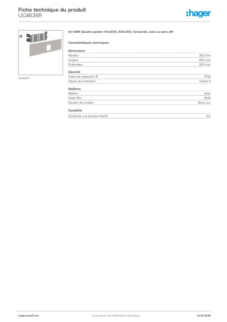 Image Hager Fiche technique du produit UC463XR | Hager Belgique