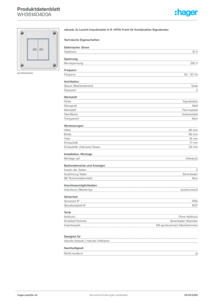 Bild Hager Produktdatenblatt WH36140400A | Hager Schweiz
