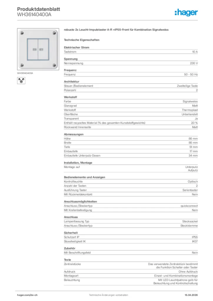 Bild Hager Produktdatenblatt WH36140400A | Hager Schweiz