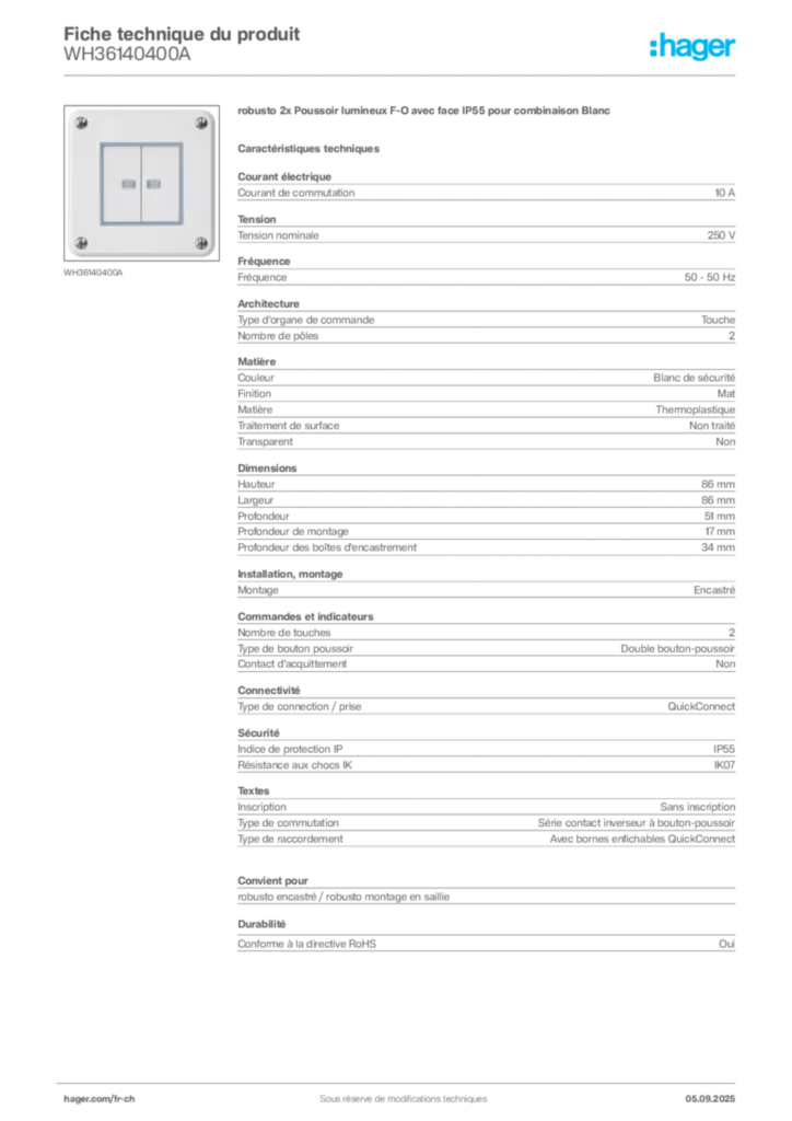 Image Hager Fiche technique du produit WH36140400A | Hager Suisse