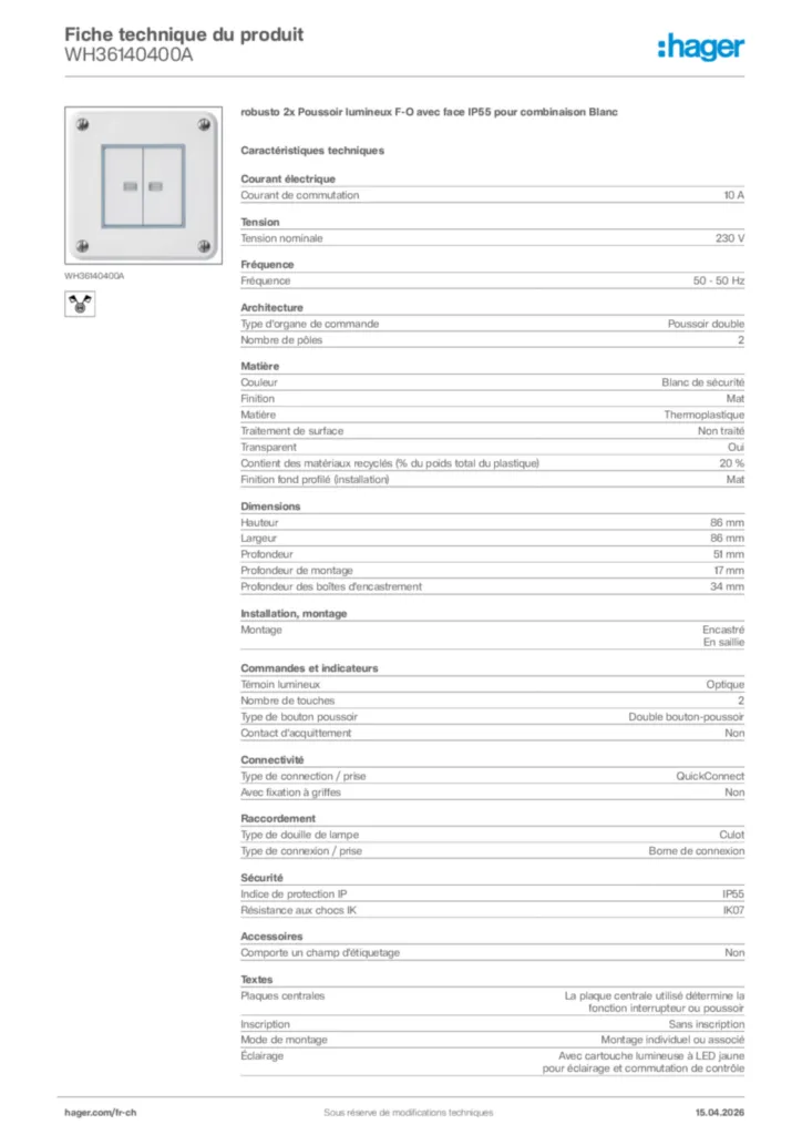 Image Hager Fiche technique du produit WH36140400A | Hager Suisse