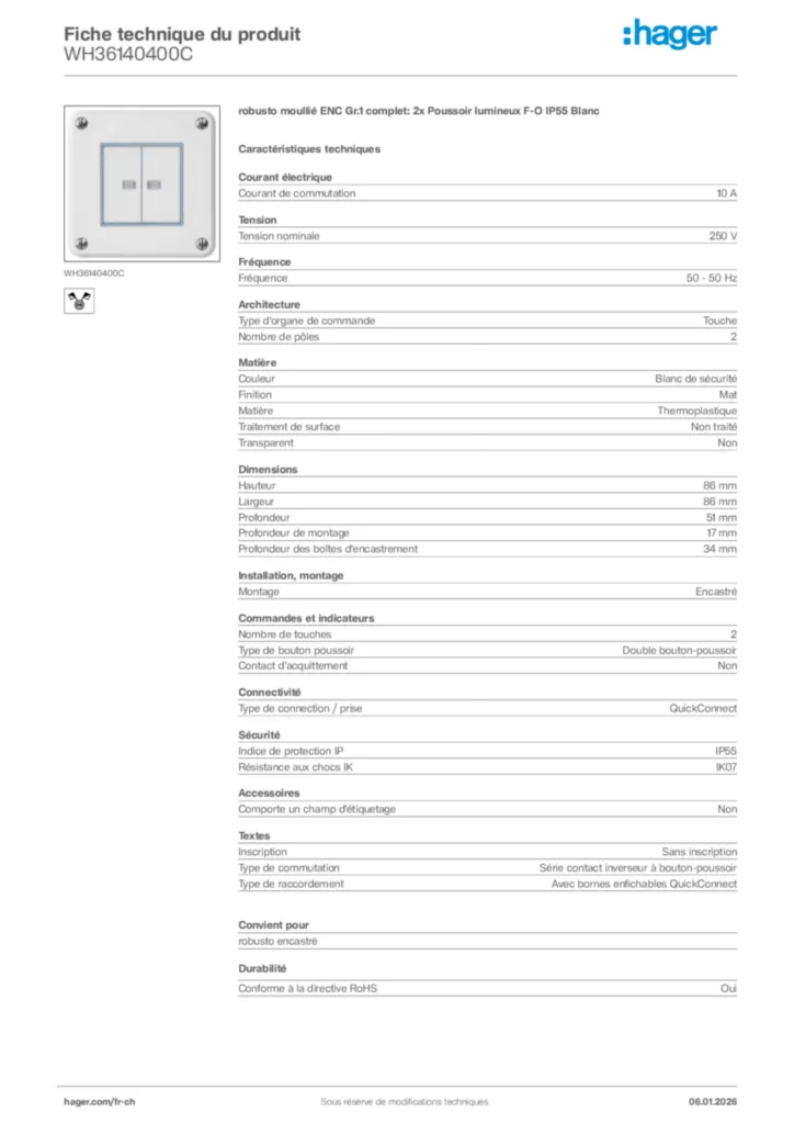 Image Hager Fiche technique du produit WH36140400C | Hager Suisse