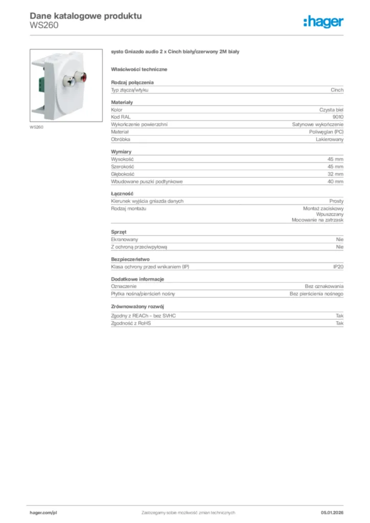 Zdjęcie Hager Karta katalogowa WS260 | Hager Polska