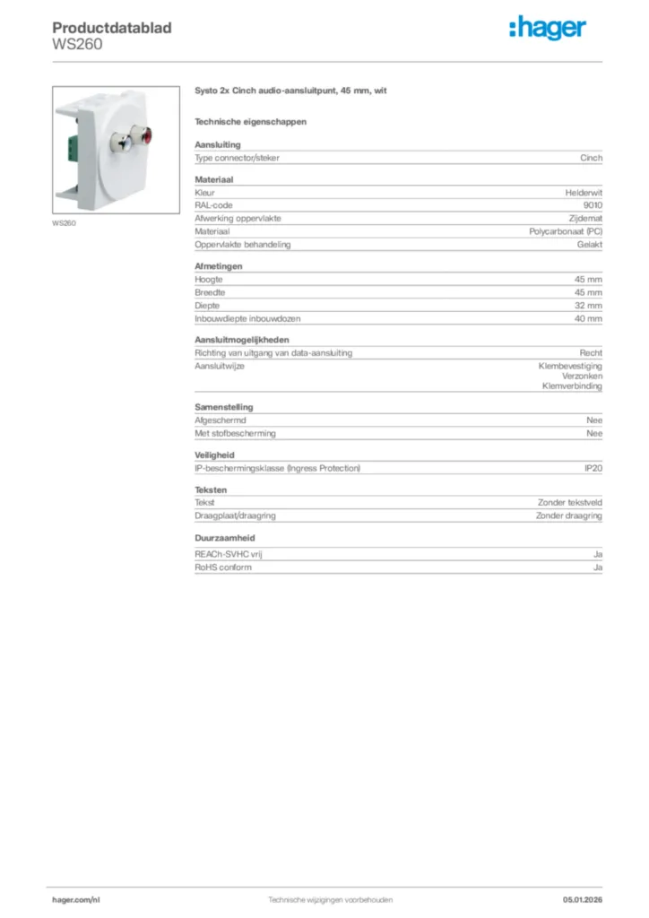 Afbeelding Hager Productdatablad WS260 | Hager Nederland