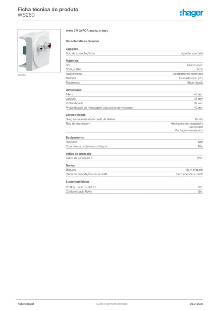 Imagem Hager Ficha técnica do produto WS260 | Hager Portugal