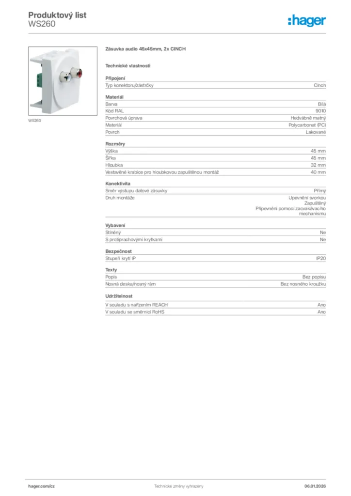 Obrázek Hager Product data sheet WS260 | Hager