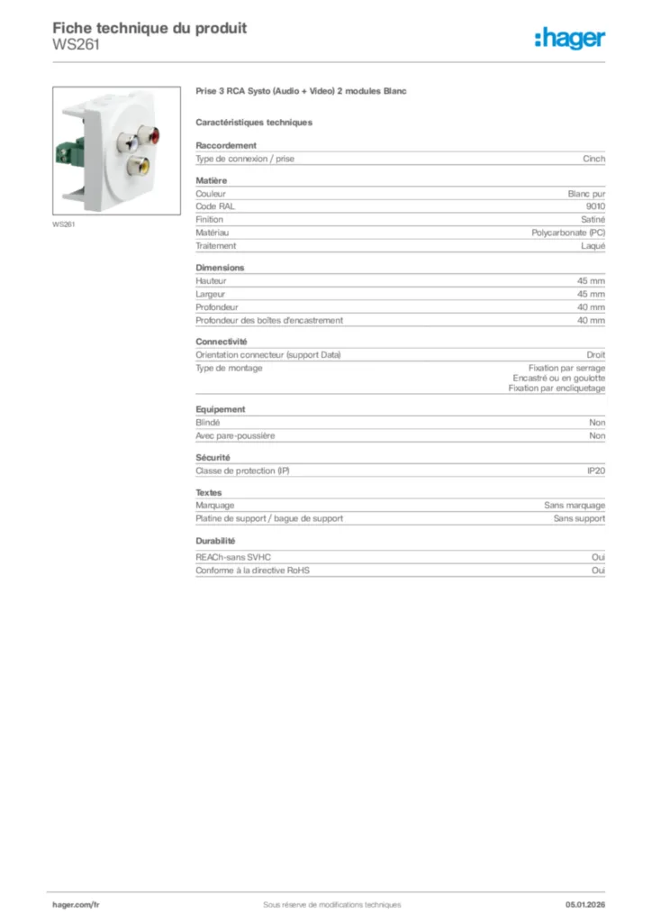 Image Hager Fiche technique du produit WS261 | Hager France