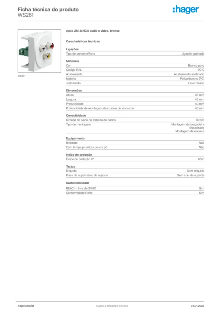 Imagem Hager Ficha técnica do produto WS261 | Hager Portugal