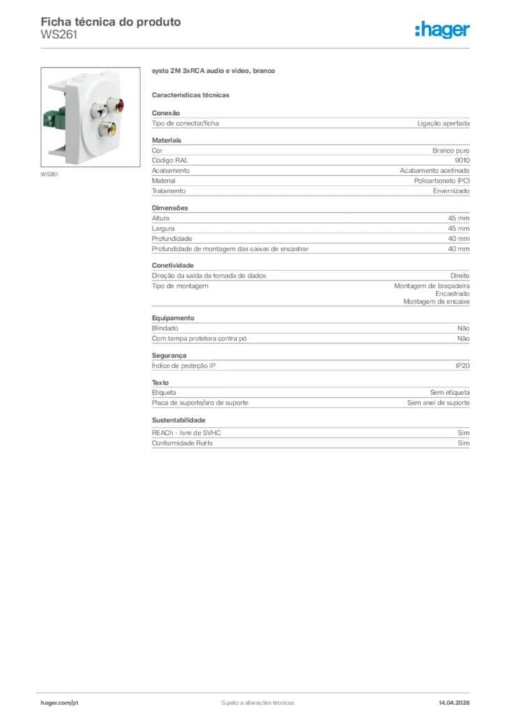 Imagem Hager Ficha técnica do produto WS261 | Hager Portugal