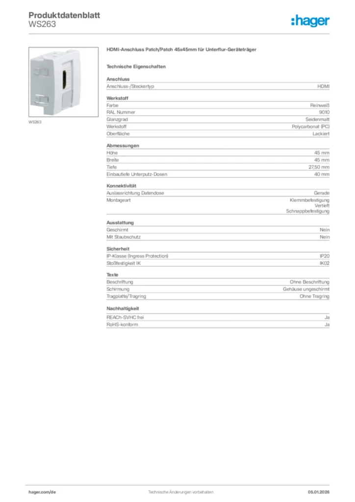 Bild Hager Produktdatenblatt WS263 | Hager Deutschland