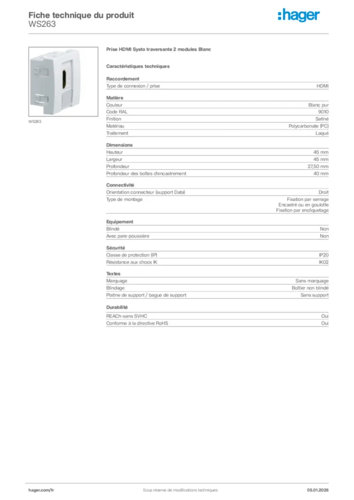 Image Hager Fiche technique du produit WS263 | Hager France