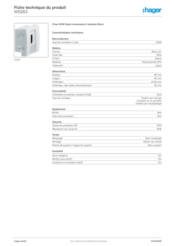 Image Hager Fiche technique du produit WS263 | Hager France