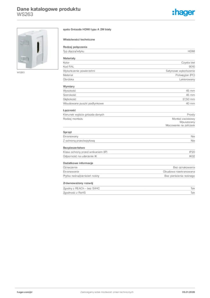 Zdjęcie Hager Karta katalogowa WS263 | Hager Polska