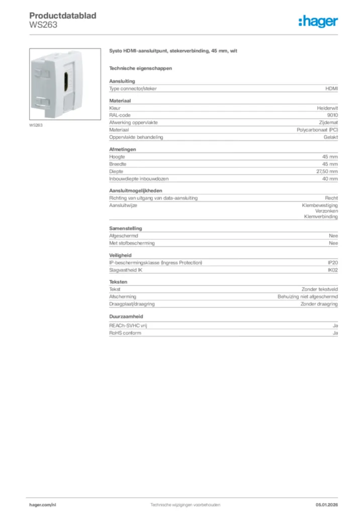 Afbeelding Hager Productdatablad WS263 | Hager Nederland
