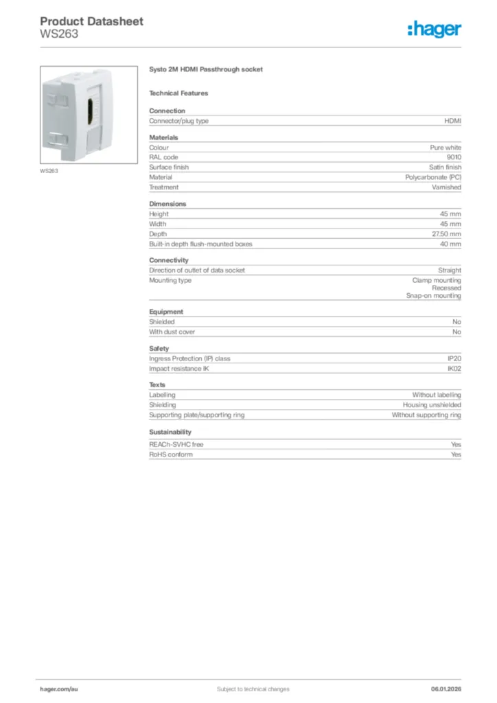 Image Hager Product data sheet WS263  | Hager Australia