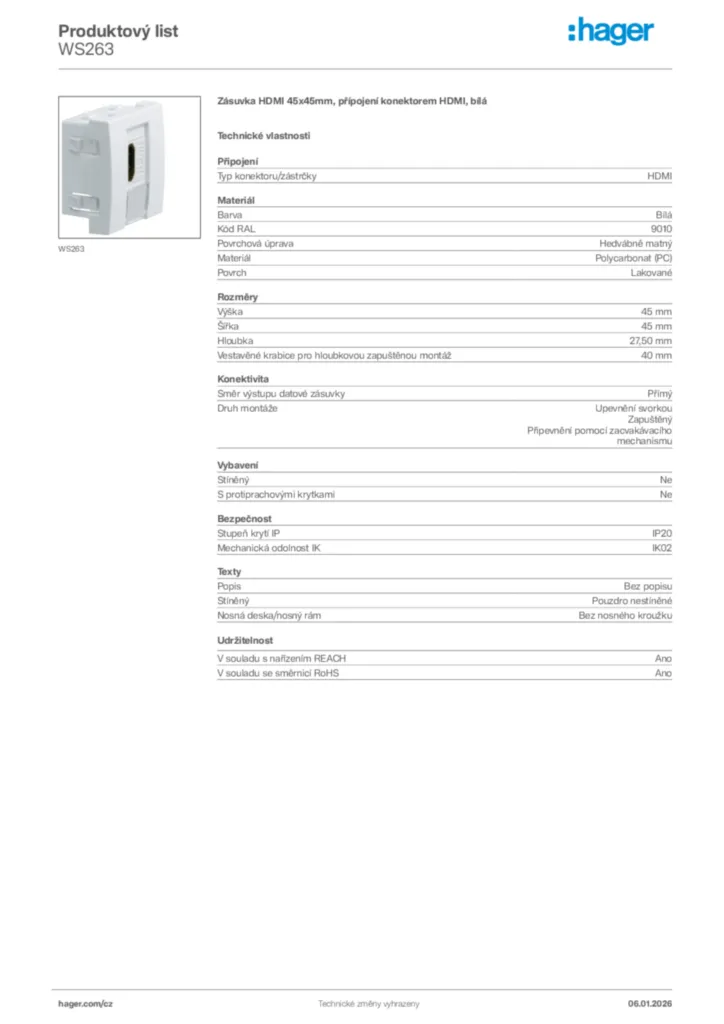 Obrázek Hager Product data sheet WS263 | Hager