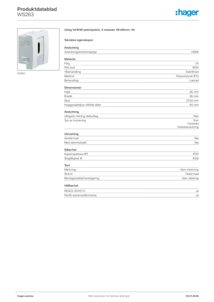 Bild Hager Produktdatablad WS263 | Hager Sverige