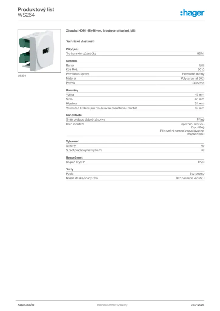 Obrázek Hager Product data sheet WS264 | Hager