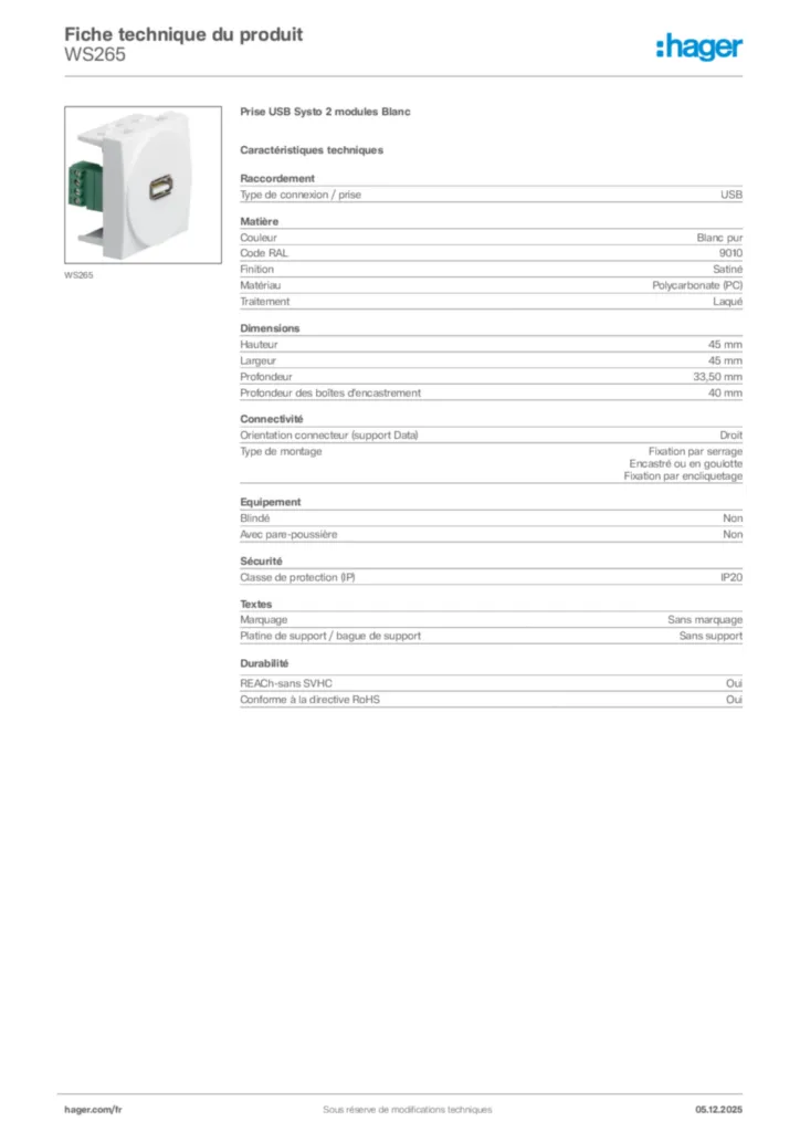 Image Hager Fiche technique du produit WS265 | Hager France