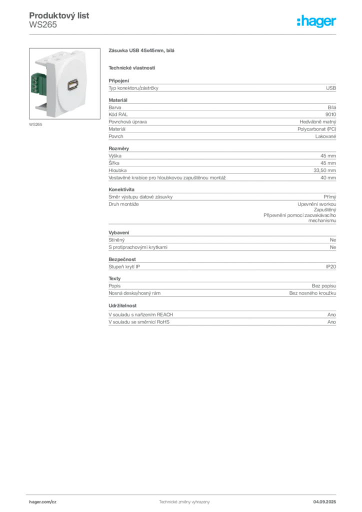 Obrázek Hager Produktový list WS265 | Hager