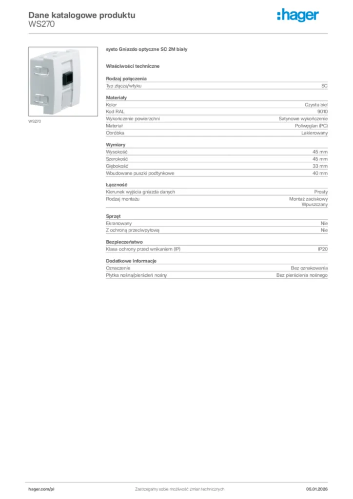 Zdjęcie Hager Karta katalogowa WS270 | Hager Polska