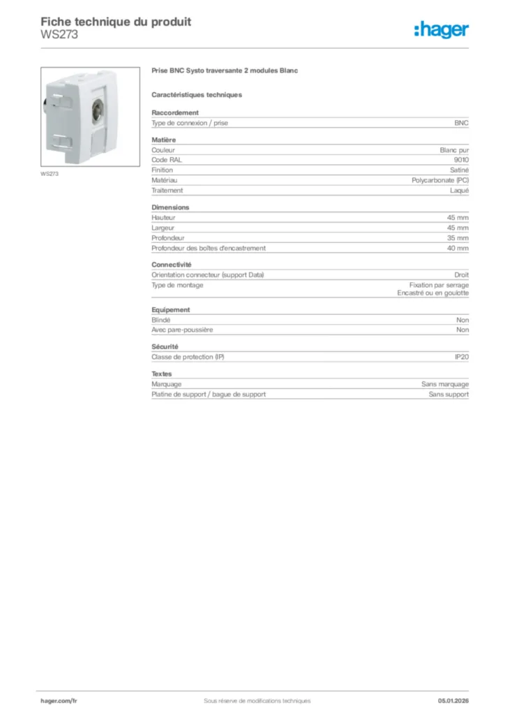 Image Hager Fiche technique du produit WS273 | Hager France