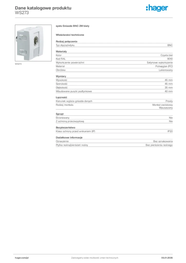 Zdjęcie Hager Karta katalogowa WS273 | Hager Polska