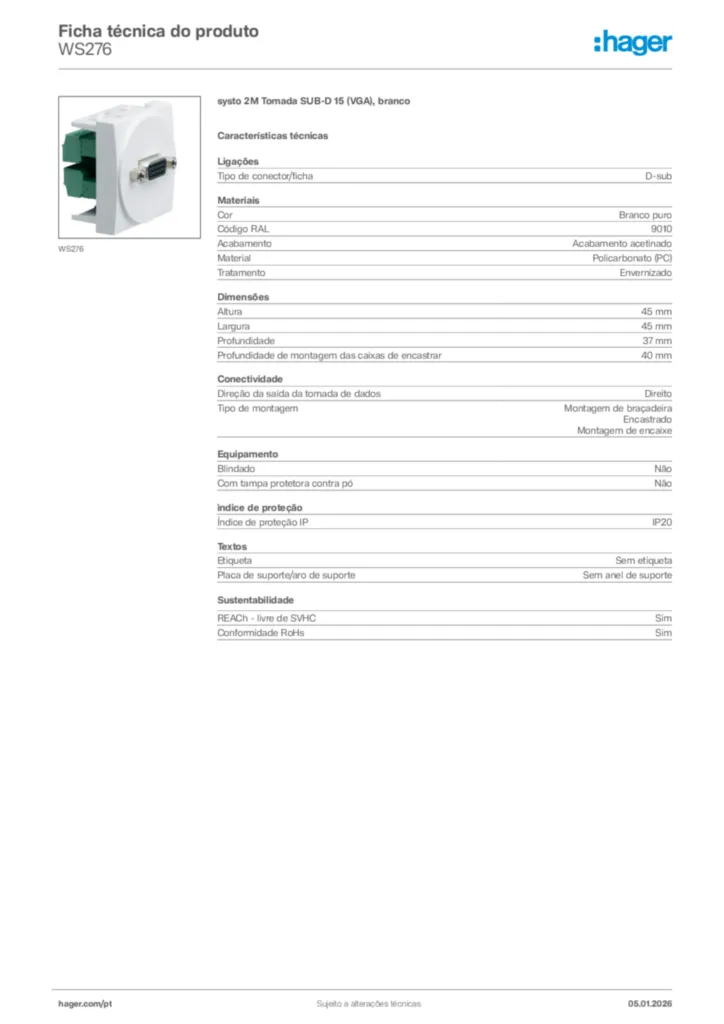 Imagem Hager Ficha técnica do produto WS276 | Hager Portugal