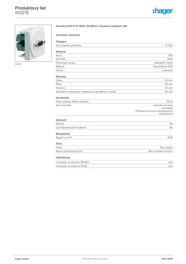 Obrázek Hager Product data sheet WS276 | Hager