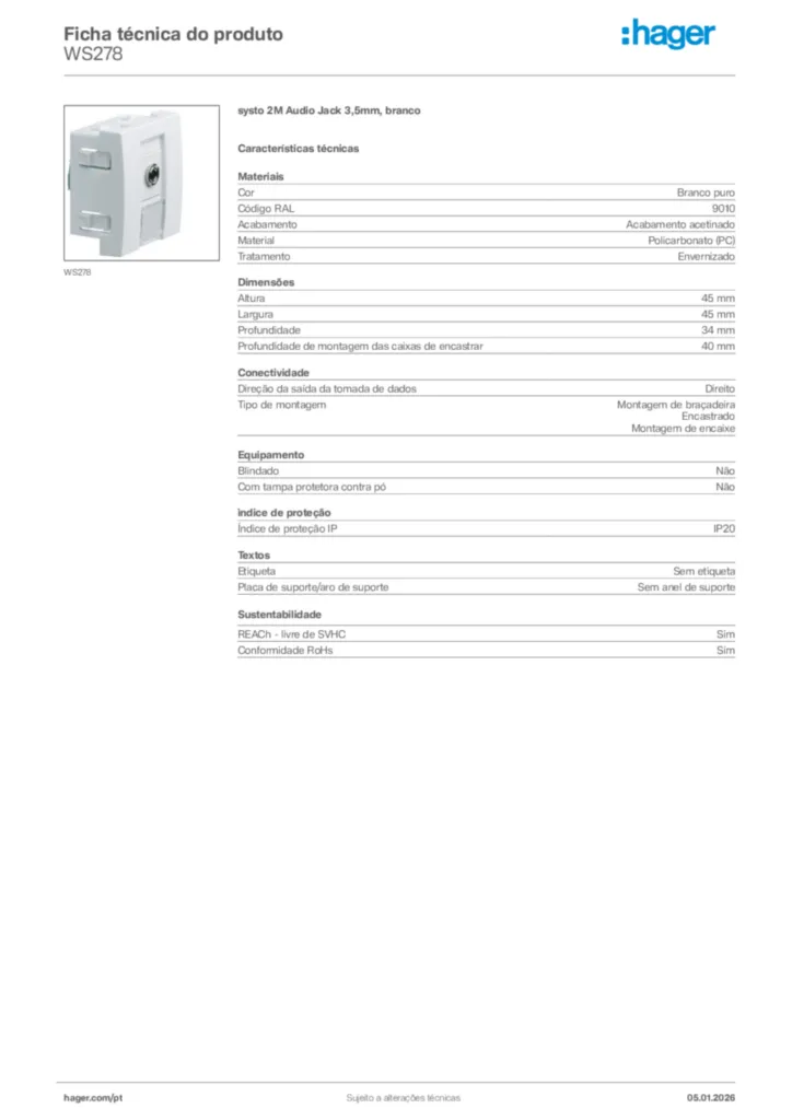 Imagem Hager Ficha técnica do produto WS278 | Hager Portugal