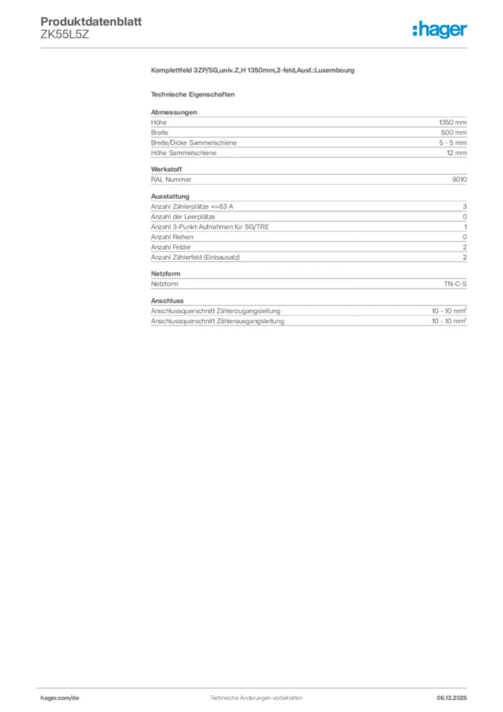 Bild Hager Produktdatenblatt ZK55L5Z | Hager Deutschland