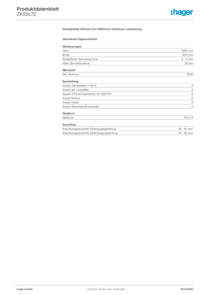 Bild Hager Produktdatenblatt ZK55L7Z | Hager Deutschland