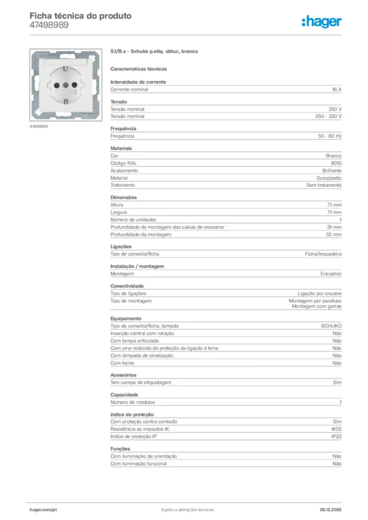 Imagem Hager Ficha técnica do produto 47498989 | Hager Portugal