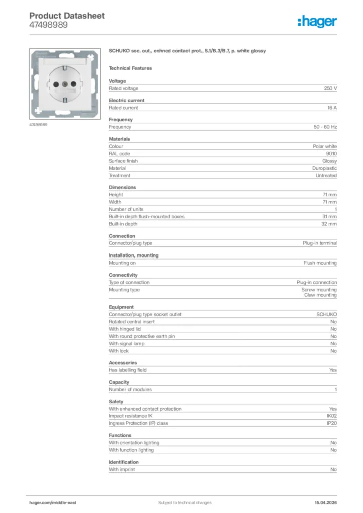 Image Hager Product data sheet 47498989  | Hager