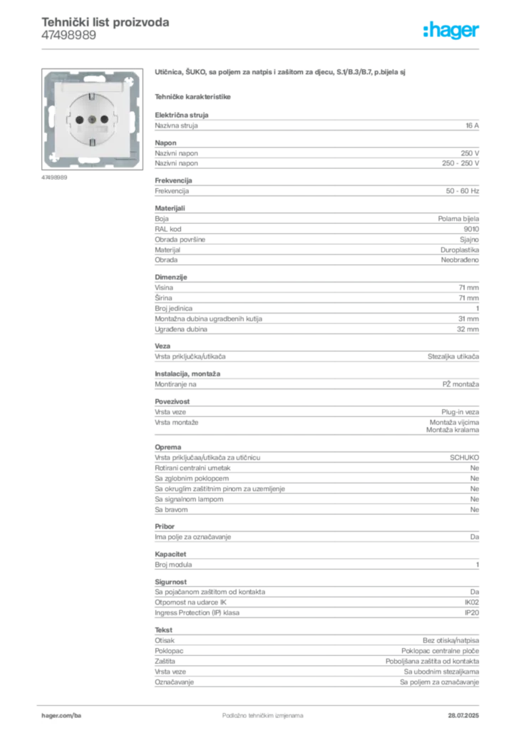 Slika Hager Product data sheet 47498989  | Hager
