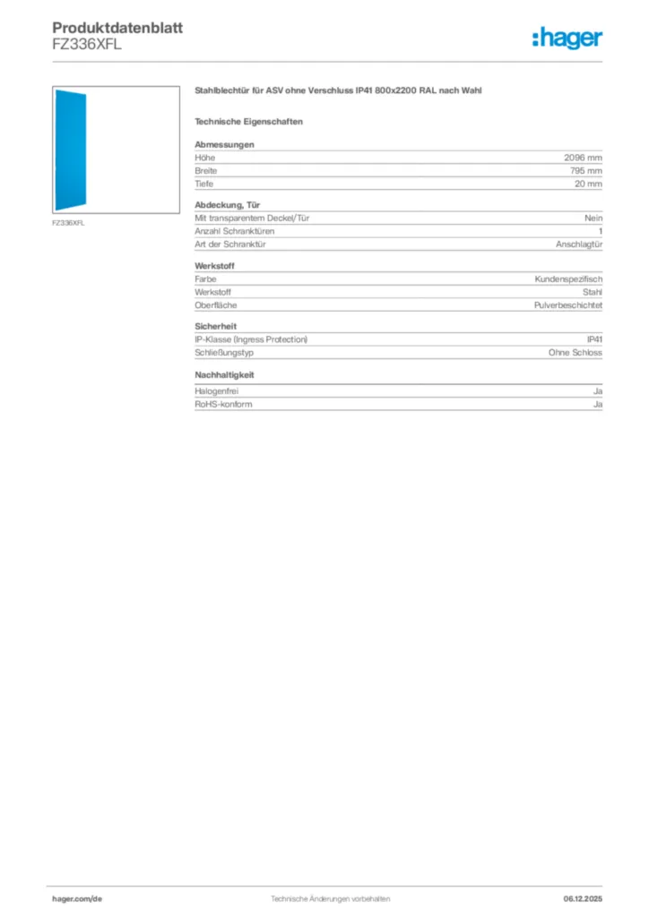 Bild Hager Produktdatenblatt FZ336XFL | Hager Deutschland
