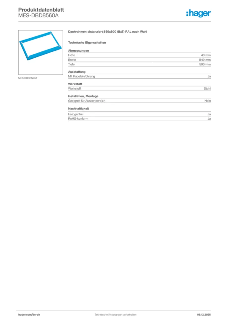 Bild Hager Produktdatenblatt MES-DBD8560A | Hager Schweiz