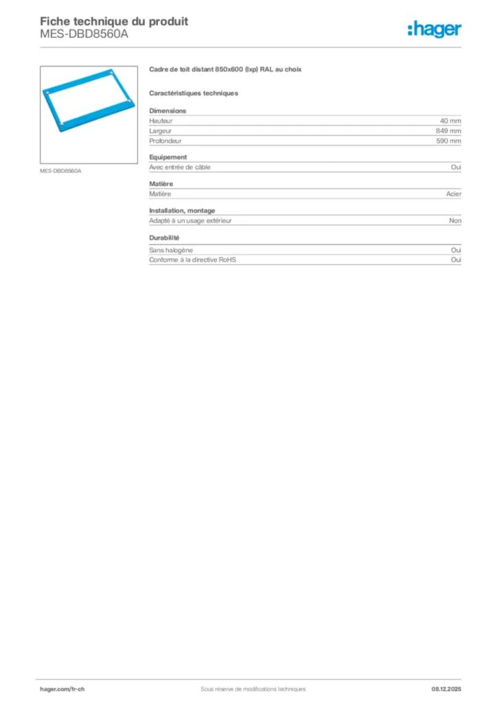 Image Hager Fiche technique du produit MES-DBD8560A | Hager Suisse