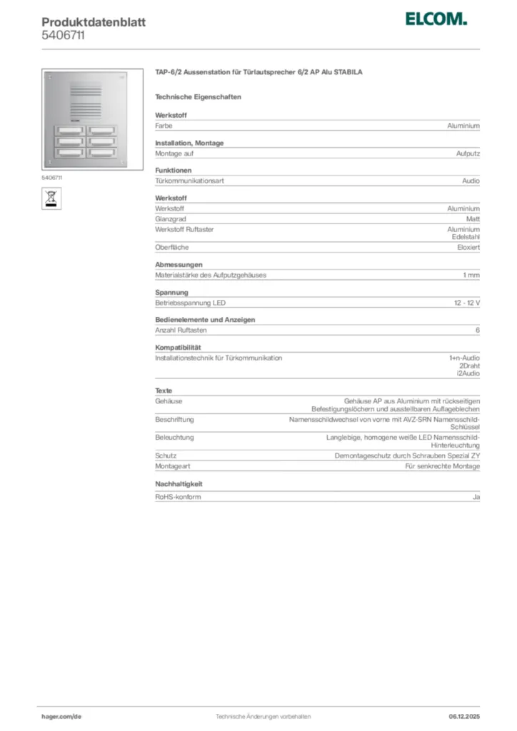 Bild Elcom Produktdatenblatt 5406711 | Hager Deutschland