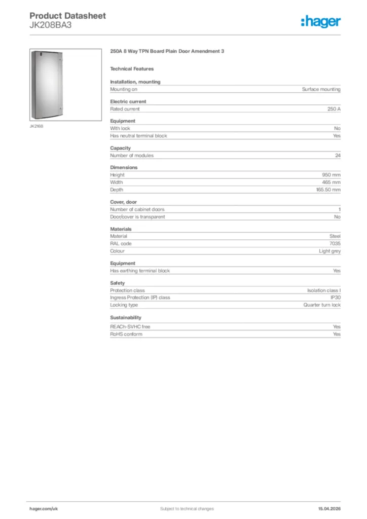 Image Hager Product data sheet JK208BA3  | Hager