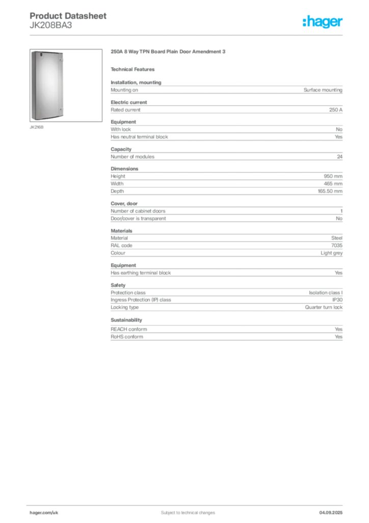 Image Hager Product data sheet JK208BA3  | Hager