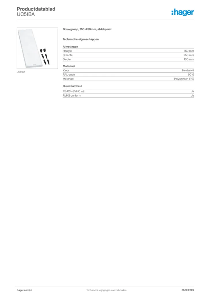Afbeelding Hager Productdatablad UC51BA | Hager Nederland