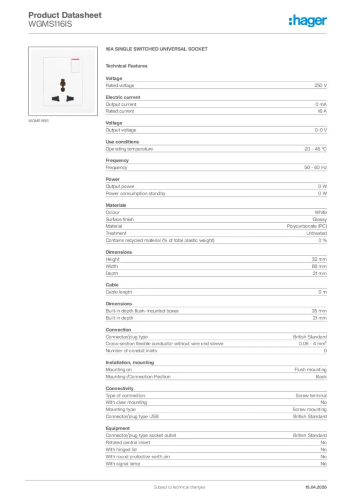 Image Hager Product data sheet WGMS116IS  | Hager Africa